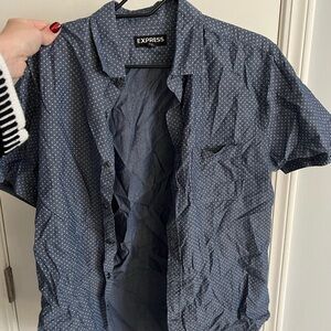 Express Men's Navy Dot Short Sleeve Shirt - White Dot Pattern